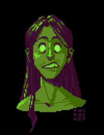 portrait 3: a person with a terrified expression, whose eyes have no pupils. the art is colored with sickly greens and purples.