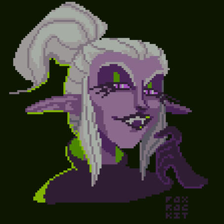 portrait 4: a dark elf looking thoughtful and sinister. she wears heavy makeup and a high ponytail.