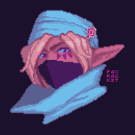 portrait 5: sheik from the legend of zelda. his face is mostly covered by his mask and by his blond bangs, but one of his eyes is fully visible. he is stoic and resolute.