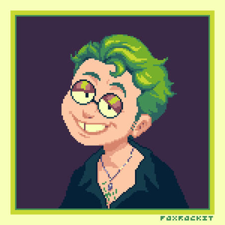 portrait 1: a portrait of the artist, david. he has green hair, round glasses, and a smarmy gap-toothed grin.