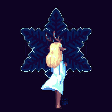 simple 1: noelle from deltarune, standing with her back to the viewer. her hands are clasped, and her white dress flows in the wind. she is framed by an image of a snowflake.