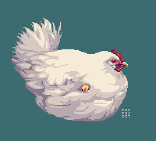 simple 2: a mother hen with a baby chick tucked in her wing.