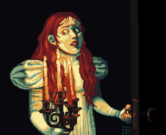 detailed 5: a woman with long red hair and a white victorian dress slowly opens a door, gripping a candelabra to see in the dark. she is terrified of what she might see.