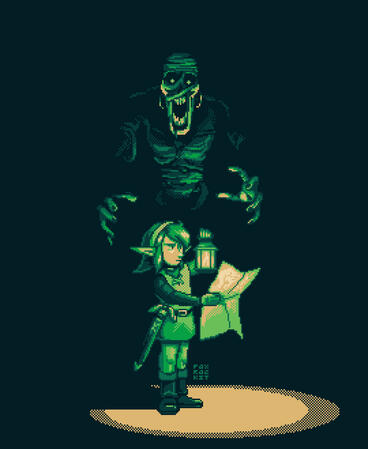 detailed 7: link (from the legend of zelda) checks his map in a dungeon by the light of a small lantern, unaware that an undead monster lurks in the dark behind him.