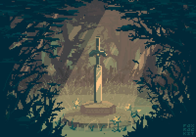 detailed 1: the master sword, standing in a stone pedestal in the woods. a beam of sunlight shines through the trees onto the sword.