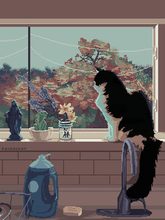 detailed 6: a black and white cat sits on a windowsill above a kitchen sink, next to jars of flowers and a small statue of the virgin mary. the cat is my cat, her name is madeline.