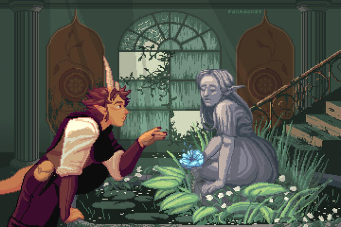detailed 4: a stone statue of a woman sits on a pedestal in an old, overgrown fountain. a tiefling leans over the edge of the fountain, gingerly reaching to touch the statue.