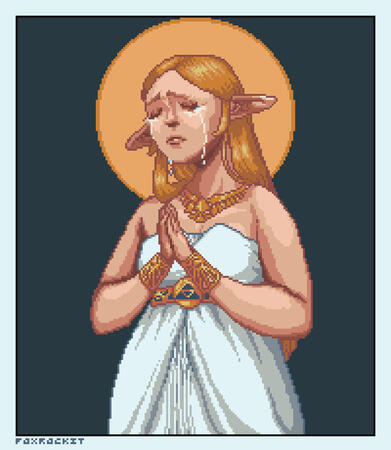 detailed 3: princess zelda, weeping, her hands together in prayer. she has a halo.