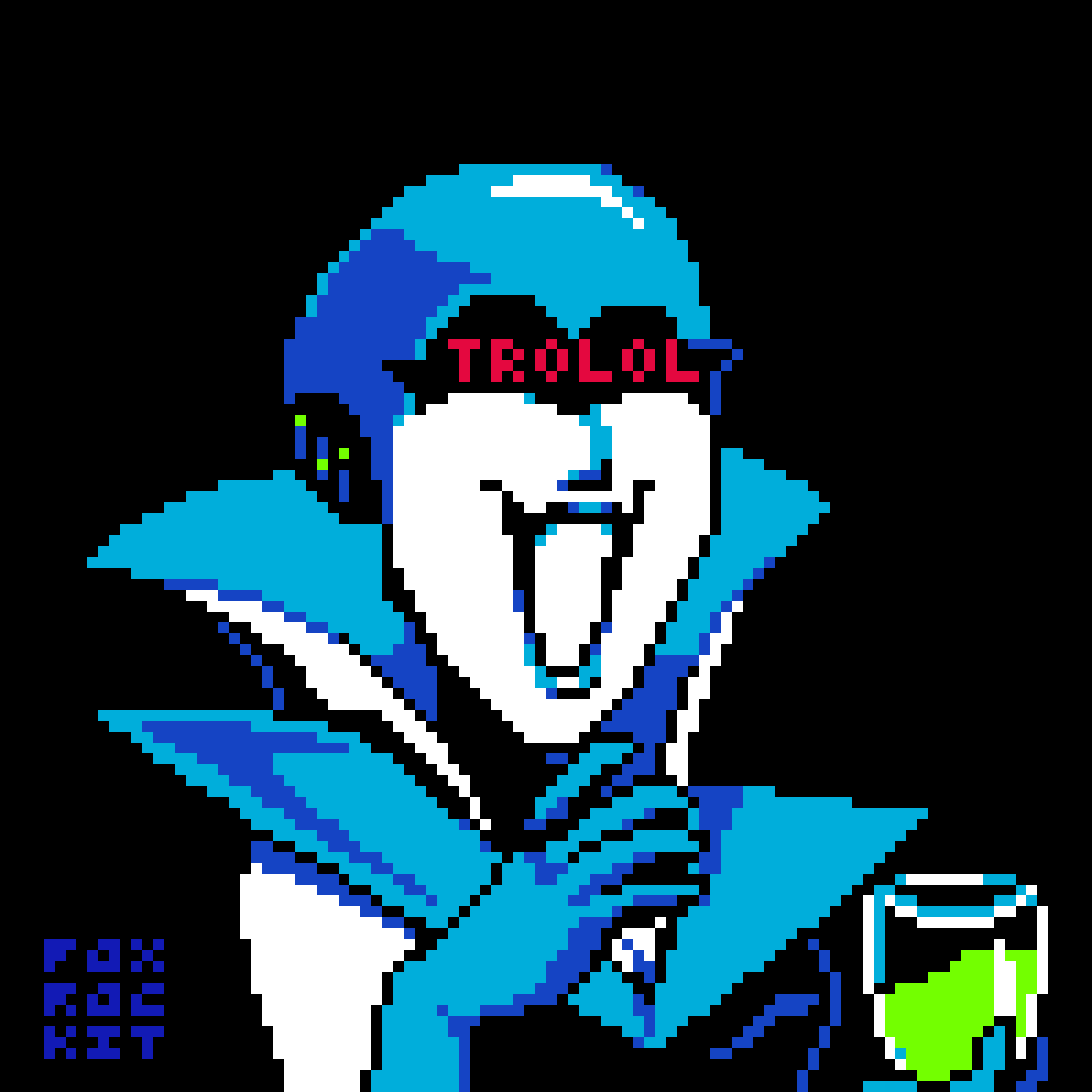 animated 3: queen from deltarune laughing smugly while swirling battery acid in a wine glass. the word "TROLOLOLOLOL" scrolls by on her eye-screen.